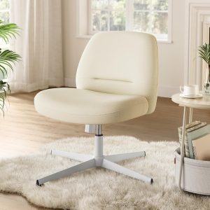 SONGMICS HOME Criss Cross Chair No Wheels, Armless Wide Comfortable Cross Legged Office Desk Vanity Chair,Adjustable Swivel, for Home Office, Cotton-Linen Fabric, Cream White UOBG046W03