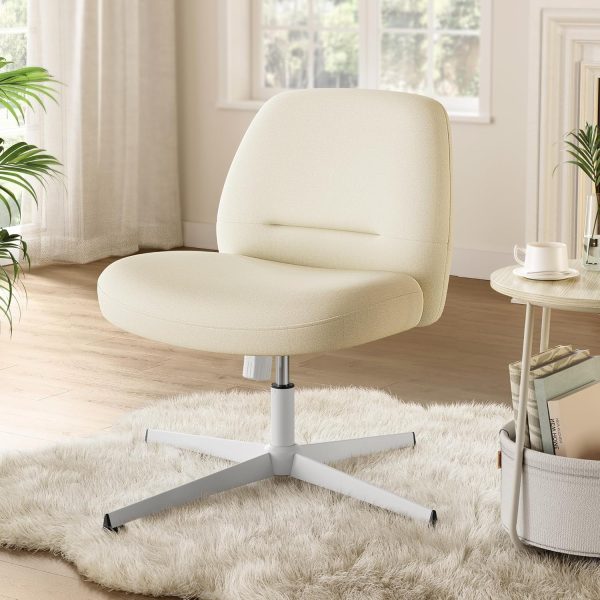 SONGMICS HOME Criss Cross Chair No Wheels, Armless Wide Comfortable Cross Legged Office Desk Vanity Chair,Adjustable Swivel, for Home Office, Cotton-Linen Fabric, Cream White UOBG046W03