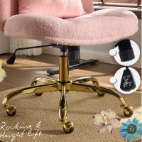 VINGLI Wide Criss Cross Legged Office Chair,Buttprint Ergonomic Desk Chair Comfy with Pillow&Gold Base,Dual-Use with/no Wheels,Adjustable Vanity Swivel Chair for Bedroom,Home Office,Teddy Fleece,Pink - Image 6