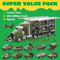 JOYIN 25 in 1 Green Military Big Truck Toys, Army Men Tanks Set with Soldier Men, Mini Battle Car Toy in Carrier Truck with Lights and Sounds, Gifts for Toddler Kids Boys Ages 3+ - Image 2