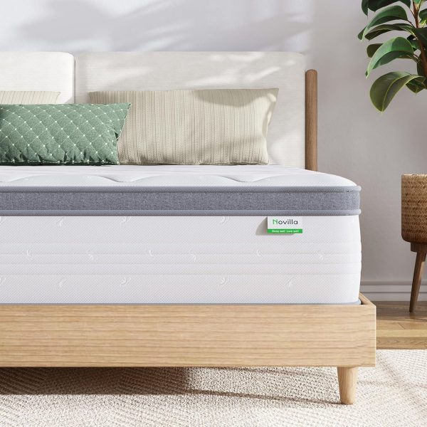 Novilla King Mattress, 12 Inch Hybrid Mattress King with Comfort Foam, Innerspring Pillow Top Mattresses in a Box, King Size Mattresses for Pressure & Pain Relief, Soft Feel but Supportive