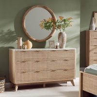 T4TREAM Fluted 6 Drawers Dresser, 54" Wide Modern Chest of Drawers with Faux Marble Top, Curved Profile Design, Dresser TV Stand, Wood Drawer Organizer for Bedroom, Living Room, Hallway, Natural Oak - Image 3