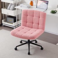 Furnimart Swivel Criss Cross Legged Chair with Wheels for Home Office, Wide Armless Desk Chair Height Adjustable Comfy Seat for Desk,Vanity, Bedroom, Faux Fur Pink - Image 3