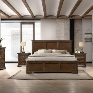 Roundhill Furniture Maderne Traditional Wood Panel Bed with Dresser, Mirror, Two Nightstands, Chest, King, Antique Walnut Finish