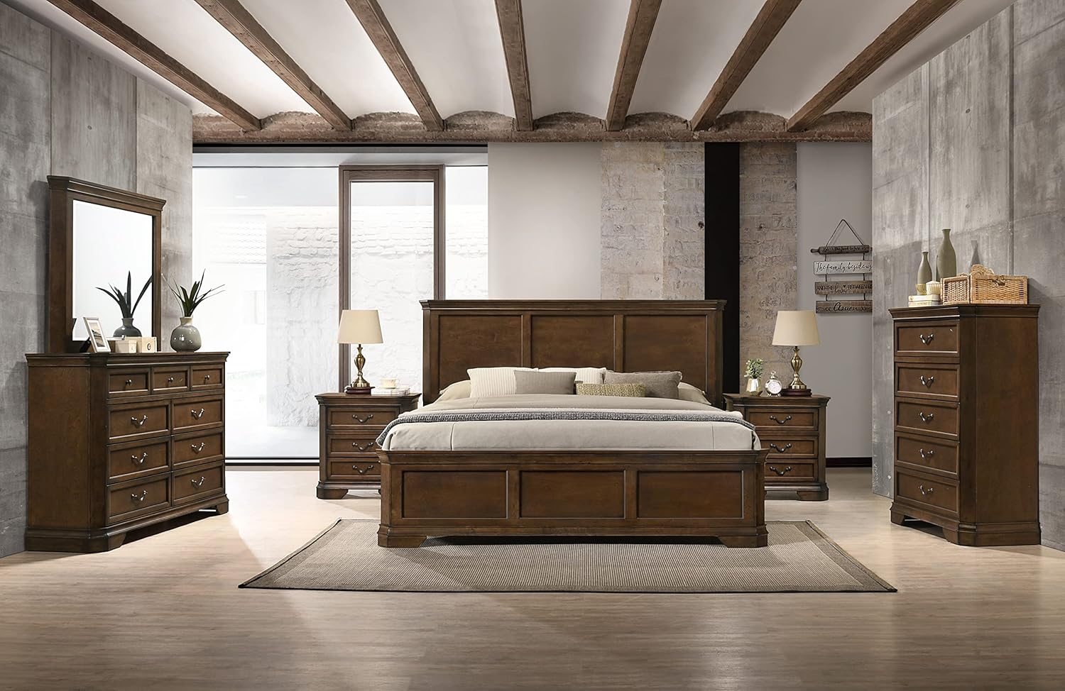 Roundhill Furniture Maderne Traditional Wood Panel Bed with Dresser, Mirror, Two Nightstands, Chest, King, Antique Walnut Finish