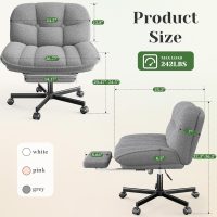 Faux Fur Cross Legged Office Chair with Foot Rest, 6.3" Thick Cushioned Criss Cross Chair with Wheels, Height Adjustable Swivel Vanity Chair for All-Day Comfort (Grey) - Image 2