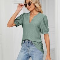 Women’s Casual V Neck Eyelet Blouse Puff Sleeve Loose Fit Summer Tshirt Top Business Wear - Image 5
