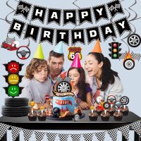 Race Car Birthday Party Decorations，Cars Birthday Decorations Includes Black White Banner,Checkered Flag Banner,Hanging Swirls,Race Car Cake & Cupcake Toppers，Race Car Themed Party Supplies for Boys - Image 7