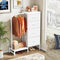 Dresser with Hanging Rack, 4 Drawers Small Closet for Bedroom, Reversible Fabric Kids Chest of Drawers with Clothes Rack, Tall Storage Tower, Sturdy Frame, White, 44''H - Image 9