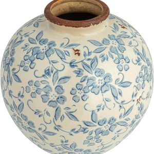 Creative Co-Op DF2720 8" H Terracotta Floral Transferware Pattern & Crackle Finish Vase, Blue