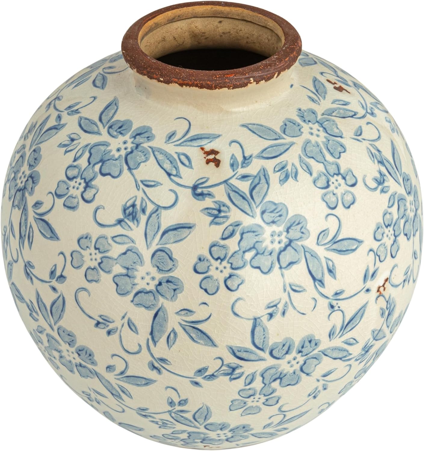 Creative Co-Op DF2720 8″ H Terracotta Floral Transferware Pattern & Crackle Finish Vase, Blue
