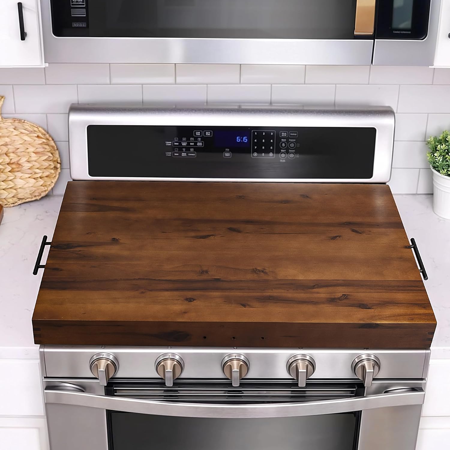 Stove Top Covers for Electric Stove with Handles 30”x22” (Outer) / 28.9”x20.8” (Inner) – Acacia Wood Noodle Board for Gas Stovetop – Stove Top Covers for Gas Burners, Sink Cutting Board (Walnut color)