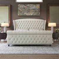 AMERLIFE Queen Size Platform Bed Frame, Chenille Upholstered Sleigh Bed with Scroll Wingback Headboard & Footboard/Button Tufted/No Box Spring Required/Cream - Image 3