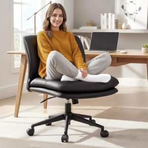 Armless Desk Chair with Wheels for Criss Cross Sitting - Cross Legged Wide Armless Chair - Adjustable Vanity 360° Swivel Stool and 120° Rocking Wide Seat Comfy for Home and Office, Color Black