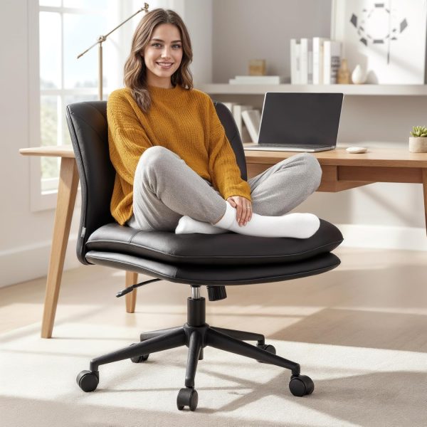 Armless Desk Chair with Wheels for Criss Cross Sitting - Cross Legged Wide Armless Chair - Adjustable Vanity 360° Swivel Stool and 120° Rocking Wide Seat Comfy for Home and Office, Color Black