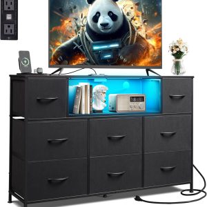 WLIVE Black TV Stand for 45, 50, 55 inch TV, Entertainment Center with LED Lights & Charging Station, TV Media Console Table with 8 Fabric Drawers and Open Shelves for Living Room, Hallway, Wood Top