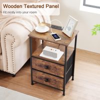Night Stand Set 2, Nightstand with Charging Station, End Tables with Storage Shelf for Small Spaces, Bedside Table Side Tables with 2 Fabric Drawers for Bedroom, Rustic Brown, HETS020PBR - Image 8