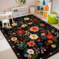 Floral 5x7 Area Rug Machine Washable Soft Print Boho Carpet Non Slip Doormat Low Pile Flower Area Rugs for Living Room Bedroom Nursery Kitchen Dining Room Indoor-Black - Image 2