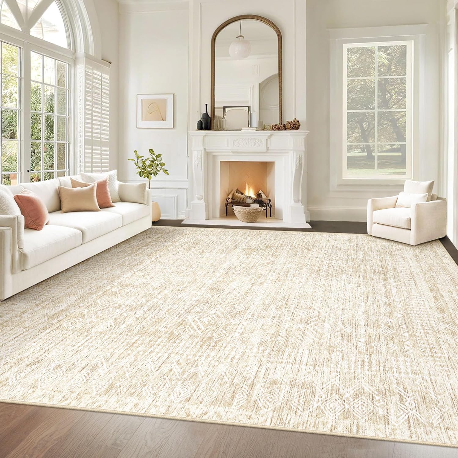 Living Room Rugs 8×10: Washable Moroccan Geometric Boho Rug Farmhouse Non Slip Stain Resistant Large Rug Low Pile Soft Carpet for Bedroom Dining Room Children Room (Beige,8’x10′)
