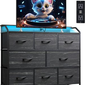 WLIVE Led Dresser for Bedroom, TV Stand for Bedroom with LED Lights and Power Outlet, Wide Chest of Drawers for Hallway, 8 Fabric Drawers for Living Room and Entryway, Charcoal Black Wood Grain Print