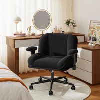 Cross Legged Office Chair with Flip-Up Arms, Wide Criss Cross Chair with Wheels & Extra-Deep Seat Thickened for Home Office,Vanity, Bedroom,Apartment Dorms,Plush Cushion,Cute,Comfy,Black - Image 8
