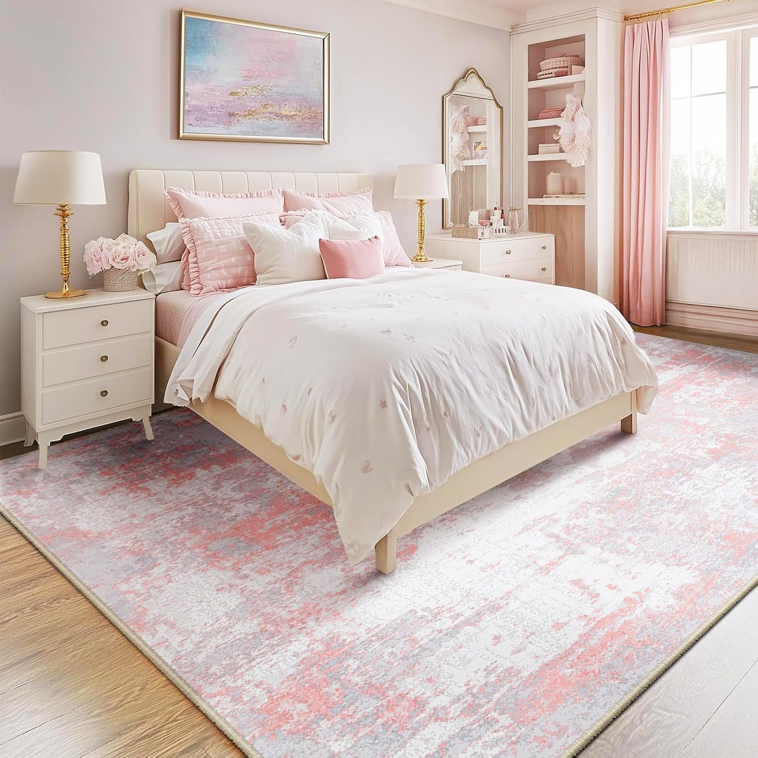 Washable Area Rugs 5’x7′ Non-Slip Modern Abstract Soft for Living Room Entryway Bedroom Nursery, Print Pattern, Grey Pink
