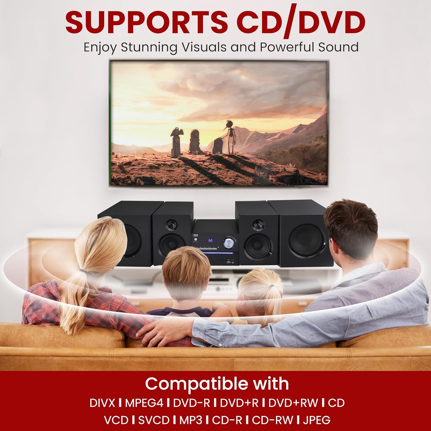 Pyle P.M.P.O CD/DVD Stereo System, 5-pc Wireless BT Streaming 6 Ohm Two-Way Wooden Speaker Box and Subwoofer, Digital Amplifier IC with MP3, USB, FM Radio, Bass Reflex Speaker - Image 4