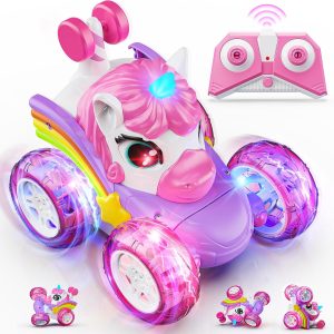 Carsky Unicorn Remote Control Car for Girls,Rechargeable 360°Stunt RC Cars Rotation 4WD Remote Cars with LED Lights,Fun Indoor Outdoor Toys for Kids,Chritmas Birthday Gift for 3 4 5 6 Year Old Girl