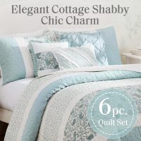 Madison Park Cotton Quilt Set Floral Print, Double Sided Stitching, All Season, Lightweight Coverlet Shabby Chic Bedding Layer, Matching Shams, King/Cal King, Aqua 6 Piece - Image 2