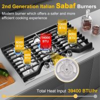 30 Inch Gas Cooktop Stovetop with 5 Italy SABAF Burners 39400BTU, 0.6mm Stainless Steel,Heavy-Duty Cast Iron Grate,Dual Fuel LPG/NG,Leakage Protection - Image 3