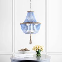 SAFAVIEH Lighting Collection Lush Kristi Boho Farmhouse Blue 17-inch Diameter 3-light Beaded Adjustable Hanging Pendant Light Fixture with Tassel (LED Bulbs Included) - Image 3