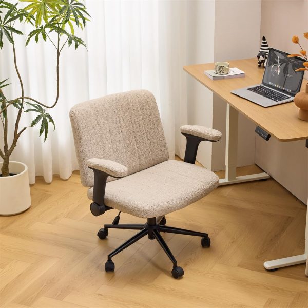 VINGLI Criss Cross Chair with Adjustable Flip-Up Arms,Cross Legged Chair with Wheels,Extra Wide Office Chair,Desk Chair for Home Office,Vanity,Bedroom, Apartment,Starry Chenille,Khaki