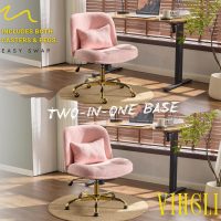 VINGLI Wide Criss Cross Legged Office Chair,Buttprint Ergonomic Desk Chair Comfy with Pillow&Gold Base,Dual-Use with/no Wheels,Adjustable Vanity Swivel Chair for Bedroom,Home Office,Teddy Fleece,Pink - Image 4