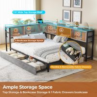 DICTAC Corner Full Bed Frame with Bookcase Storage and Led Lights Full Size Metal Platform Bed Frame with Storage Drawers & Charging Station Full Daybed for Living Room,Bedroom,Guest Room,Oak Gray - Image 6