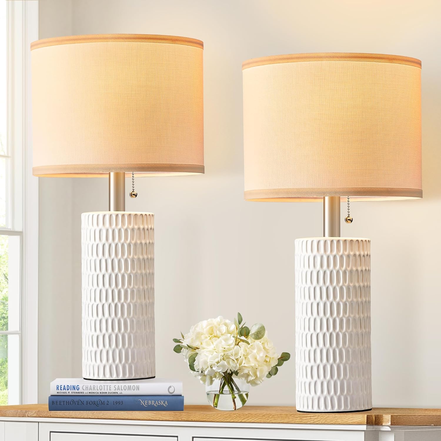 Table Lamps for Living Room Set of 2, Ceramic Table Lamps for Bedroom, 20″ Modern Lamps for Night Stands, White