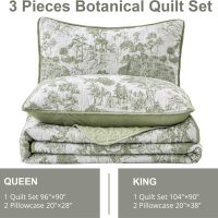 WONGS BEDDING Botanical Quilt Set Queen Size, Sage Green 3 Pieces Toile Floral Plants Printed Bedspread Bedding Set Soft Lightweight Microfiber Coverlet Set for All Season (96"x90") - Image 6