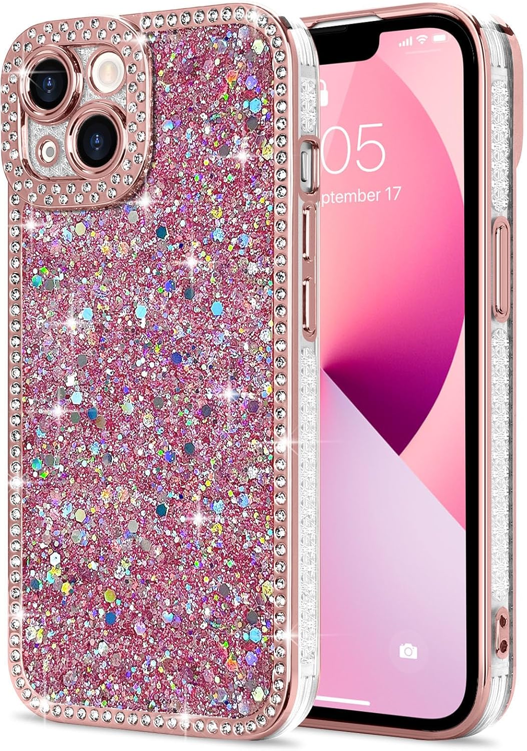 Lafunda for iPhone 13 Case Glitter, Luxury Shiny Bling Sparkly Phone Cover with Crystal Diamonds Rhinestone for Women Girls Soft TPU Slim Shockproof Protective Phone Case for iPhone 13 6.1″, Pink