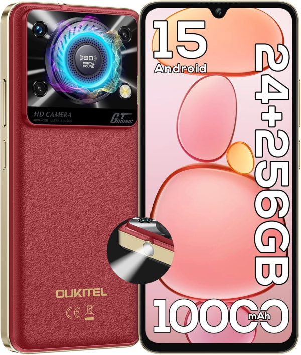 OUKITEL C60 PRO Android 15 Cell Phone Unlocked 2025-24GB+256GB/TF 1TB, 10000mAh Battery, 6.88'' Display Smartphone,110dB Speaker,120LM Flashlight, 13MP Camera, 4G Dual SIM Phones, GPS/NFC/OTG, Red