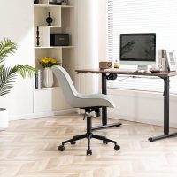 YOUNIKE Grey Ergonomic Home Office Desk Chair Armless Comfy Small Criss Cross Chair with Wheels Swivel Adjustable Modern Vanity Chair Wide Back Cute Leather Upholstered Rolling Task Chair No Arms - Image 7