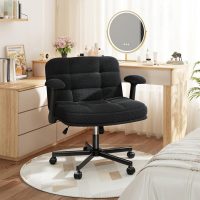 Criss Cross Chair with Wheels and Flip-up Arms, Adjustable Height, Teddy Plush Fabric,Black, Hide Dust, for Bedroom, Home Office, Apartment - Image 8