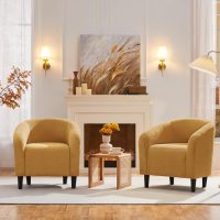 Yaheetech Accent Barrel Chair, Boucle Fabric Club Chair, Furry Sherpa Elegant and Cozy, Soft Padded Armchair for Living Room Bedroom Reception Room Office, Mustard Yellow - Image 2