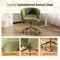 VINGLI Modern Curved Office & Vanity Desk Chair, Cute Upholstered Nail Chair with Wheels & 360° Swivel & Club & Tilting & Gold Base, for Bedroom, Living Room, Makeup, Velvet Chenille, Green - Image 5