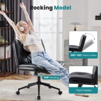OLIXIS Criss Cross Chair with Wheels, Legged Home Office PU Leather Wide Armless Desk Seat, Rolling Adjustable Swivel Ergonomic Comfy Vanity Seating - Image 4