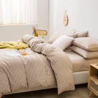 mixinni Tan Gingham Comforter Set Queen, Plaid Comforter Set 3 Pieces 1 Beige Grid Comfoter with 2 Pillow Cases for All Seasons, Soft Fluffy Modern Grid Pattern Printed Bedding-Queen Size - Image 4