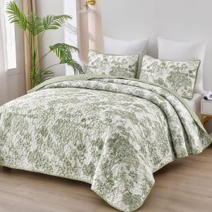 WONGS BEDDING Botanical Quilt Set Queen Size, Sage Green 3 Pieces Toile Floral Plants Printed Bedspread Bedding Set Soft Lightweight Microfiber Coverlet Set for All Season (96"x90")