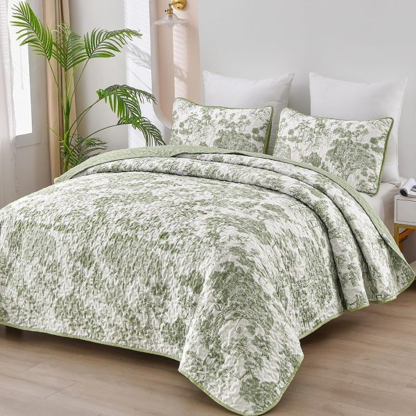 WONGS BEDDING Botanical Quilt Set Queen Size, Sage Green 3 Pieces Toile Floral Plants Printed Bedspread Bedding Set Soft Lightweight Microfiber Coverlet Set for All Season (96"x90")