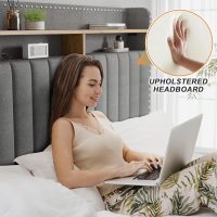 EnHomee Queen Bed Frame with 2-Tier Storage Headboard, Upholstered Platform Queen Size Bed Frame with 2 Storage Drawers, Sturdy Wooden Slats Support, Noise-Free, No Box Spring Needed, Grey - Image 6