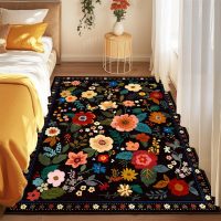 Floral 5x7 Area Rug Machine Washable Soft Print Boho Carpet Non Slip Doormat Low Pile Flower Area Rugs for Living Room Bedroom Nursery Kitchen Dining Room Indoor-Black - Image 3