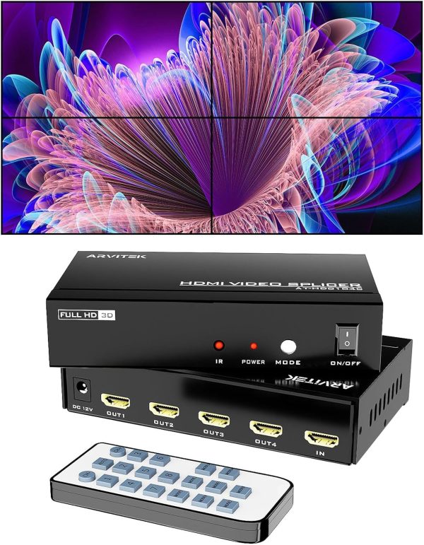 4K HDMI Video Wall Controller 2x2, 4 TV Screens Into 1 Wall Display, Video TV Wall Splicing Processor Splicer w/Remote, 8 Splicing Modes, Plug & Play