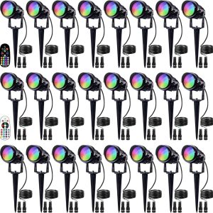 SUNVIE 24 Pack Halloween RGBW Low Voltage Landscape Lights 12W LED Color Changing Landscape Lighting with Remote Control and Wire Connectors, AC/DC 12V-24V Waterproof Outdoor Spotlight for Yard Garden
